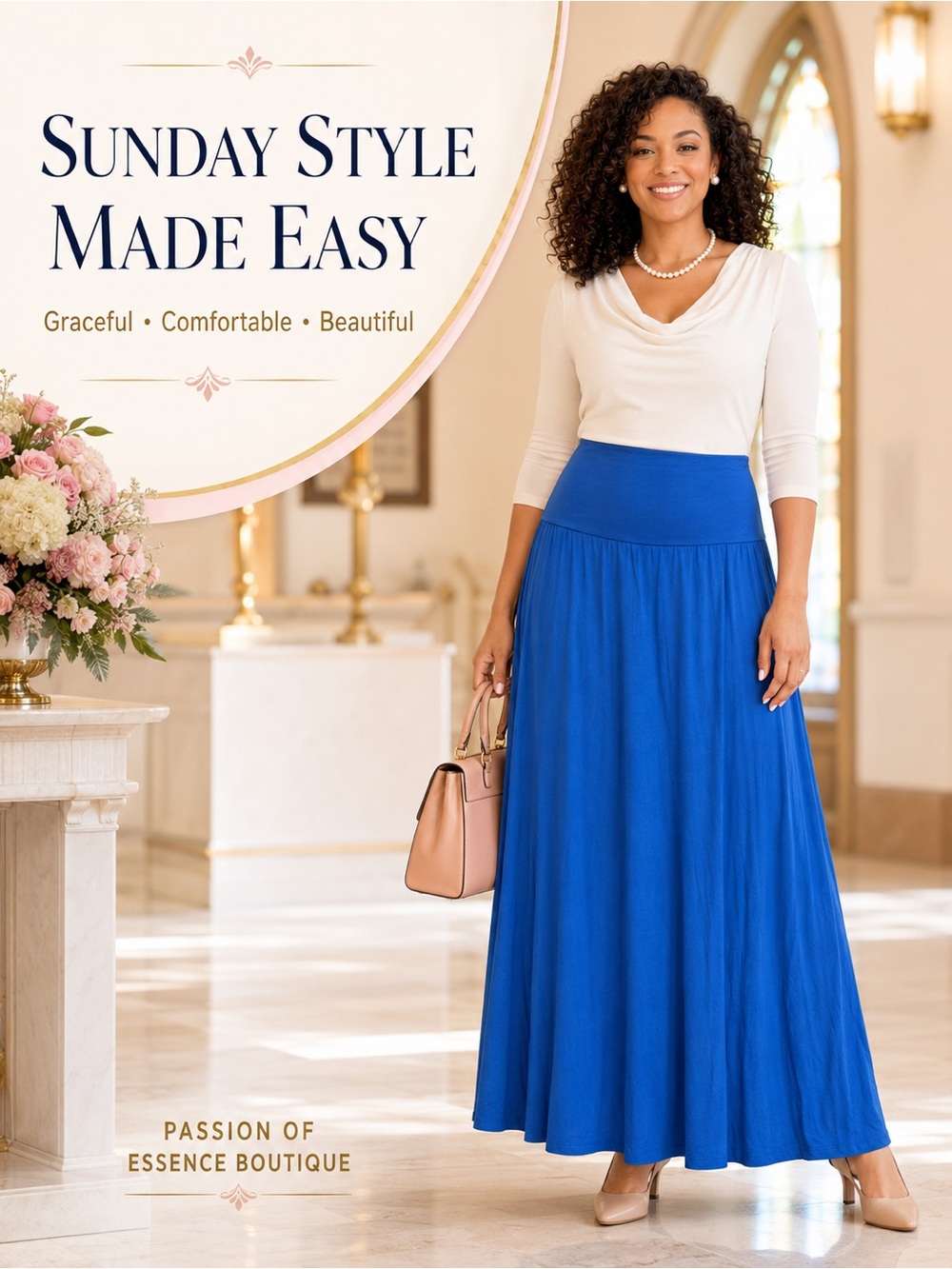 Royal Blue Fold-Over Waist Flowy A-Line Maxi Skirt - Picture 10 of 15